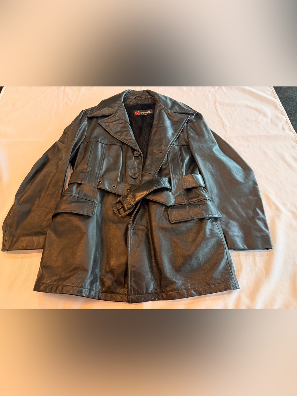Vintage 1970s McGregor Black Leather Norfolk Style Belted Lined Coat Size 40